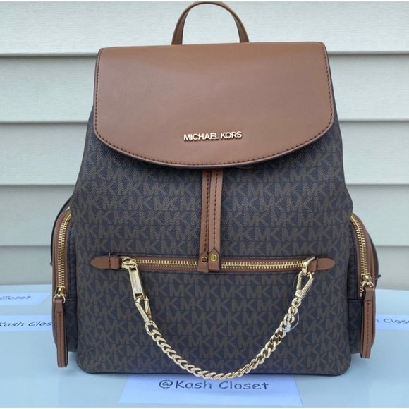 Michael Kors Backpack Jet Set MK Logo Large Chain Backpack Brown - Picture 3 of 11